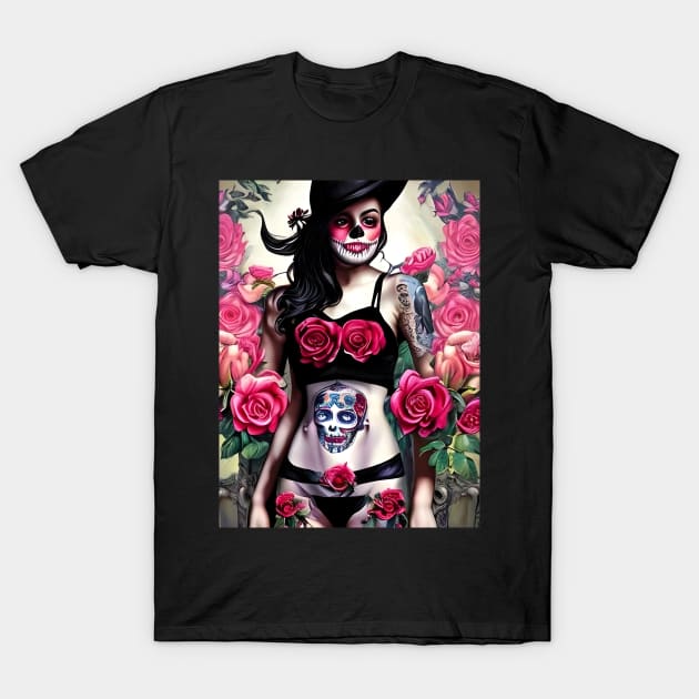 Tattooed Goth Pin Up Girl with Roses T-Shirt by animegirlnft